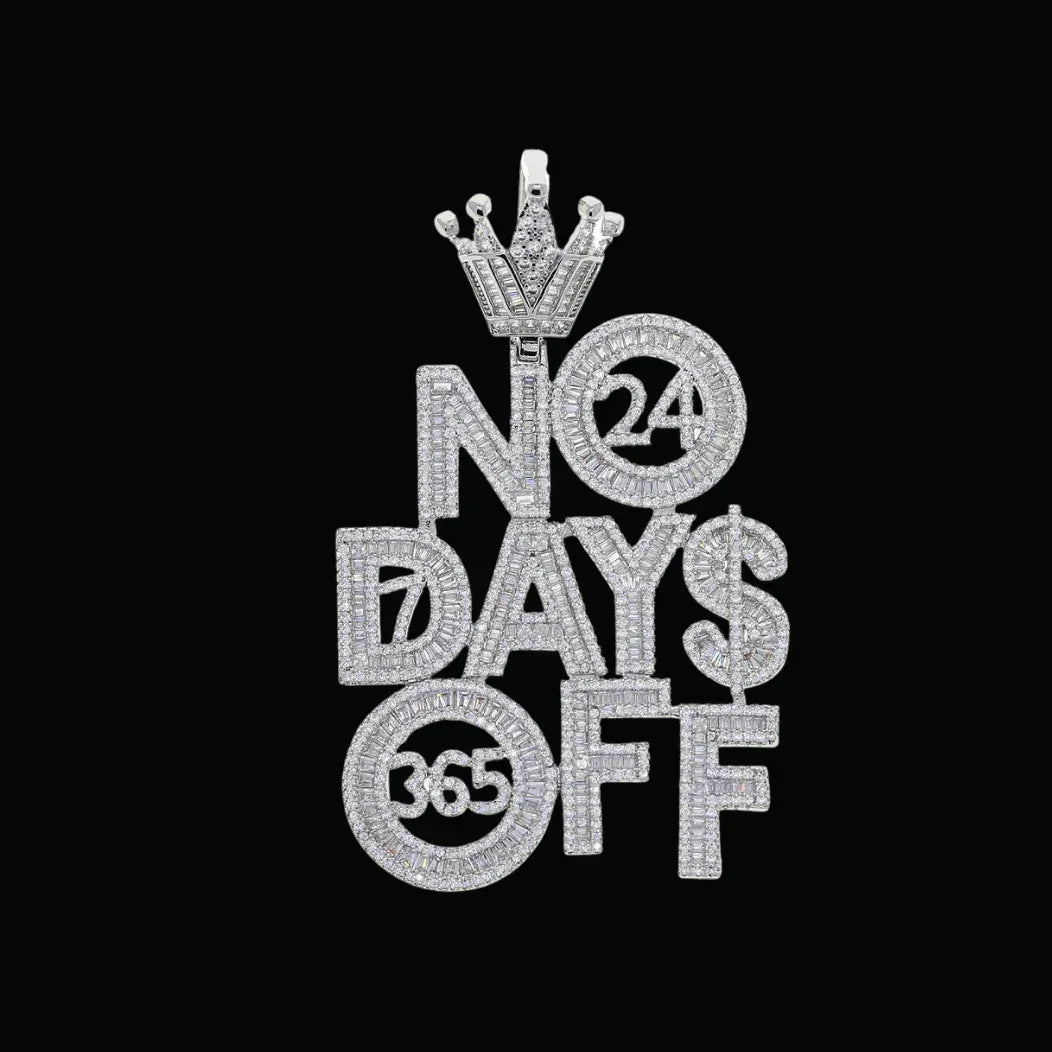 No Days OFF Crown Bail Iced Out Letter Pendant Necklace – Custom Hip Hop Jewelry for Men - CaratixJewelry